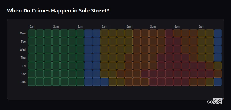 Crime time heatmap for Sole Street - showing when crimes are most likely to occur by day and hour