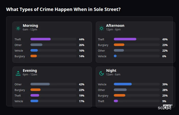 Crime types by time period for Sole Street - showing breakdown of burglary, violence, theft, and vehicle crime by morning, afternoon, evening, and night