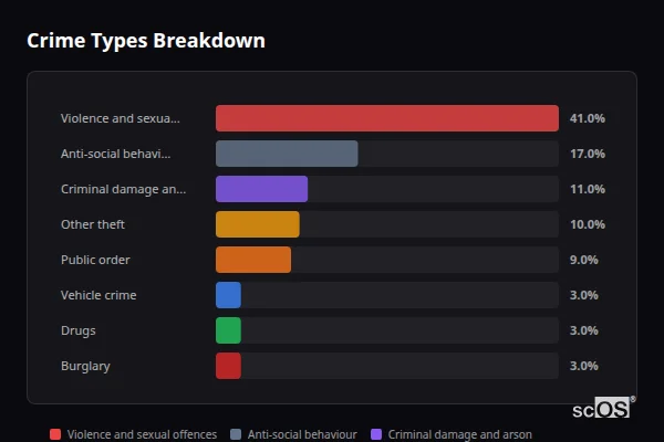 Crime Types Breakdown - Burgh Castle Crime Types Breakdown for Burgh Castle - showing Violence and sexual offences (41%), Anti-social behaviour (17%), Criminal damage and arson (11%)