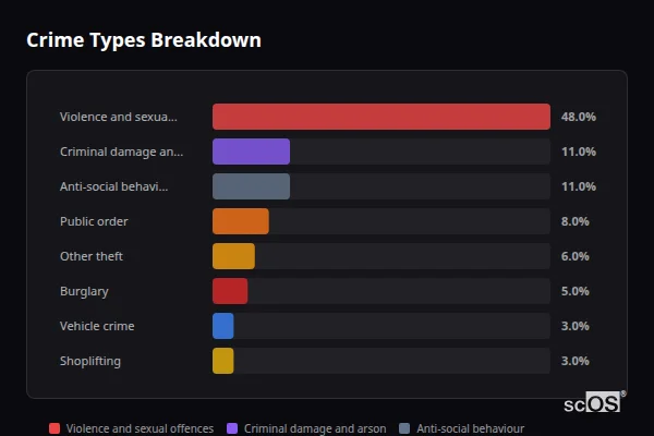 Crime Types Breakdown for Caister-on-Sea - showing Violence and sexual offences (48%), Criminal damage and arson (11%), Anti-social behaviour (11%)