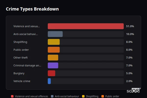 Crime Types Breakdown for Hopton on Sea - showing Violence and sexual offences (51%), Anti-social behaviour (10%), Shoplifting (8%)
