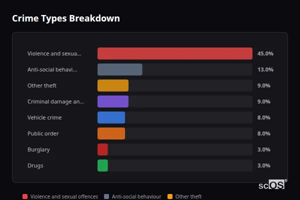 Crime Types Breakdown for Fairlands - showing Violence and sexual offences (45%), Anti-social behaviour (13%), Other theft (9%)