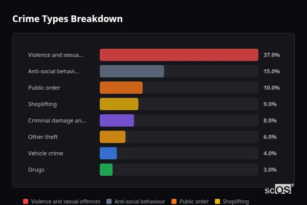 Crime Types Breakdown for Guildford - showing Violence and sexual offences (38%), Anti-social behaviour (13%), Public order (11%)
