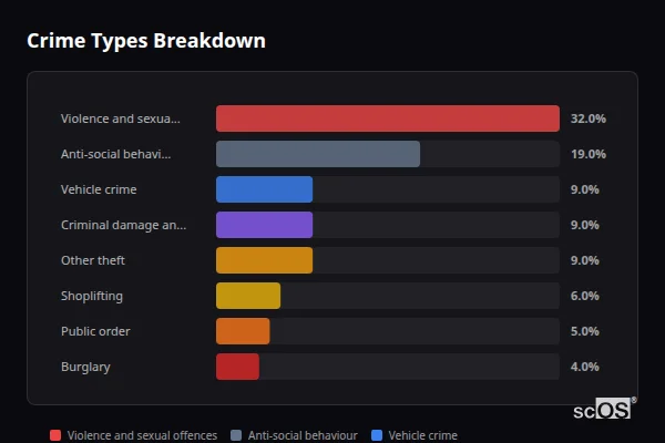 Crime Types Breakdown for Send - showing Violence and sexual offences (32%), Anti-social behaviour (19%), Vehicle crime (9%)