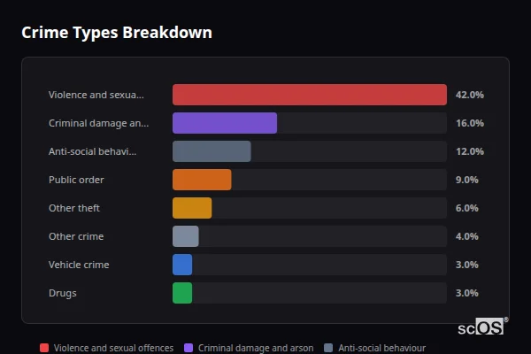 Crime Types Breakdown for Wood Street Village - showing Violence and sexual offences (42%), Criminal damage and arson (16%), Anti-social behaviour (12%)