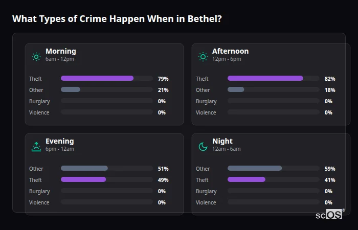 Crime types by time period for Bethel - showing breakdown of burglary, violence, theft, and vehicle crime by morning, afternoon, evening, and night