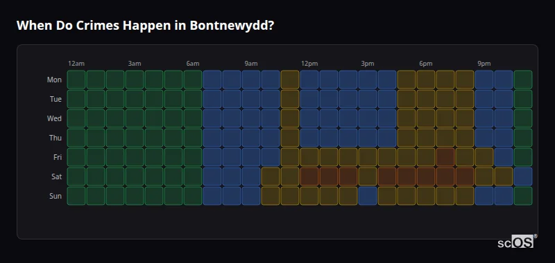 Crime time heatmap for Bontnewydd - showing when crimes are most likely to occur by day and hour