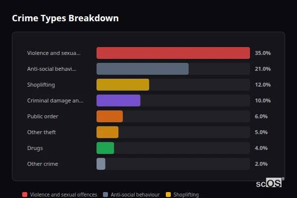 Crime Types Breakdown for Caernarfon - showing Violence and sexual offences (35%), Anti-social behaviour (21%), Shoplifting (12%)