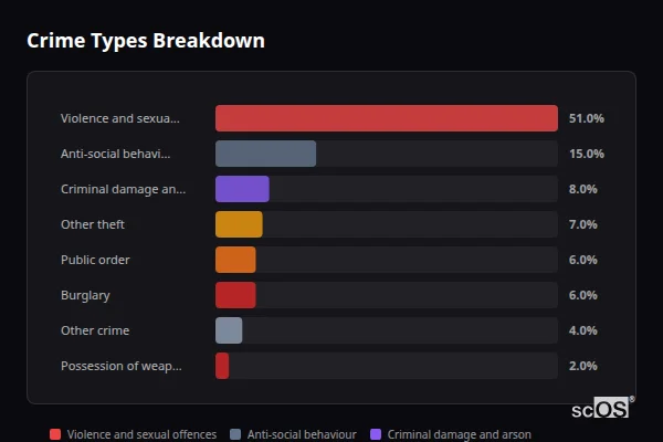 Crime Types Breakdown for Dyffryn Ardudwy - showing Violence and sexual offences (51%), Anti-social behaviour (15%), Criminal damage and arson (8%)
