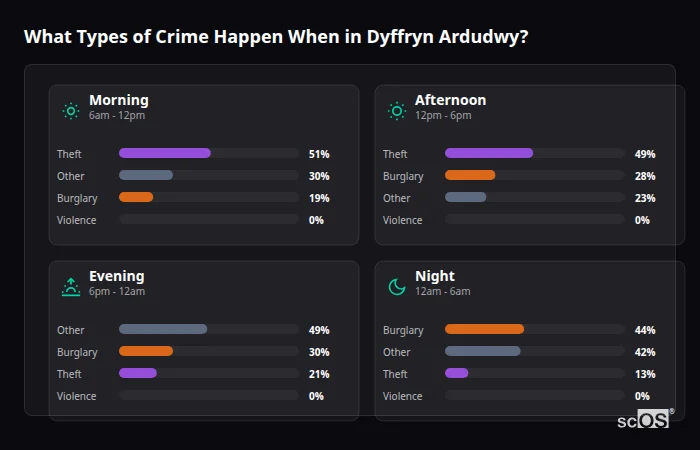 Crime types by time period for Dyffryn Ardudwy - showing breakdown of burglary, violence, theft, and vehicle crime by morning, afternoon, evening, and night
