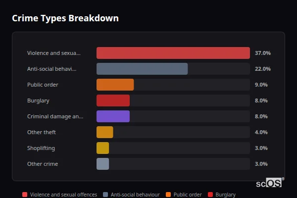 Crime Types Breakdown for Llanberis - showing Violence and sexual offences (37%), Anti-social behaviour (22%), Public order (9%)