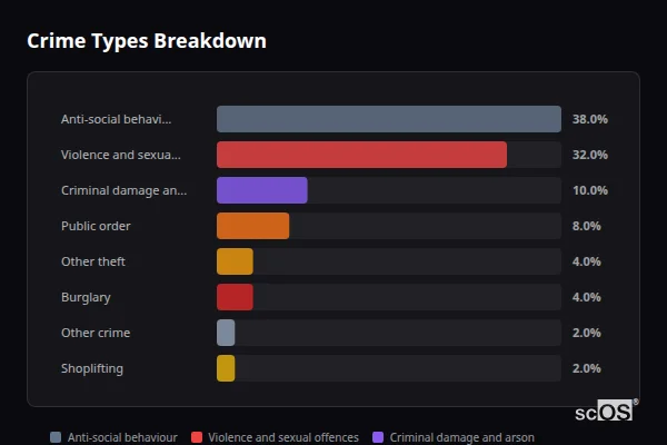 Crime Types Breakdown for Penrhyndeudraeth - showing Anti-social behaviour (38%), Violence and sexual offences (32%), Criminal damage and arson (10%)