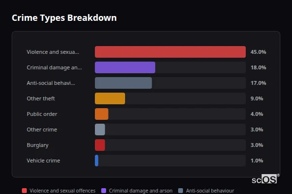 Crime Types Breakdown for Trawsfynydd - showing Violence and sexual offences (45%), Criminal damage and arson (18%), Anti-social behaviour (17%)