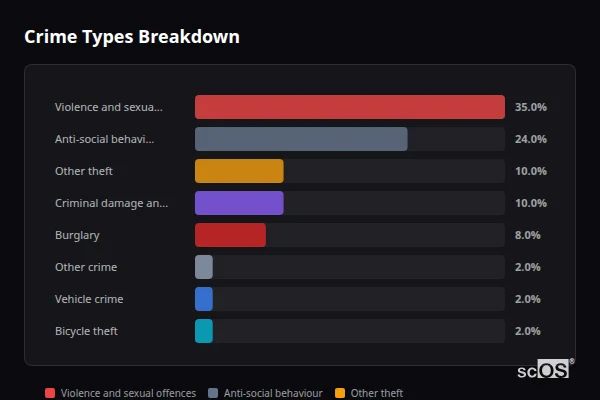 Crime Types Breakdown for Waunfawr - showing Violence and sexual offences (35%), Anti-social behaviour (24%), Other theft (10%)