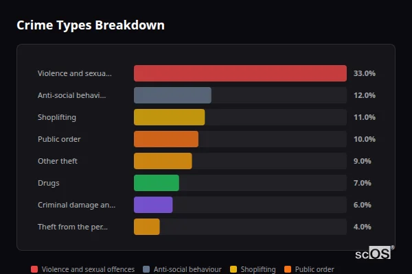 Crime Types Breakdown for Rural Halton - showing Violence and sexual offences (33%), Anti-social behaviour (12%), Shoplifting (11%)