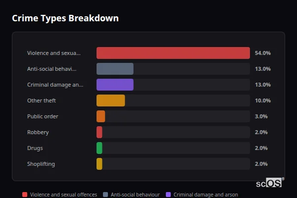 Crime Types Breakdown for Carlton Miniott - showing Violence and sexual offences (54%), Anti-social behaviour (13%), Criminal damage and arson (13%)