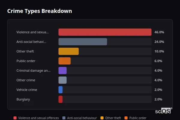 Crime Types Breakdown - Leeming Crime Types Breakdown for Leeming - showing Violence and sexual offences (46%), Anti-social behaviour (24%), Other theft (10%)
