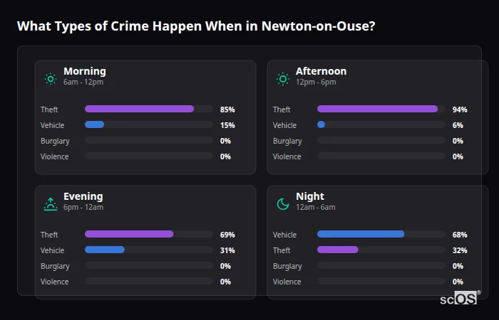 Crime types by time period for Newton-on-Ouse - showing breakdown of burglary, violence, theft, and vehicle crime by morning, afternoon, evening, and night