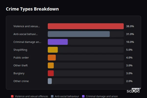 Crime Types Breakdown for Thirsk - showing Violence and sexual offences (38%), Anti-social behaviour (31%), Criminal damage and arson (10%)