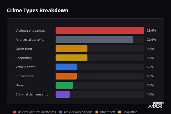 Crime Types Breakdown for Hammersmith and Fulham - showing Violence and sexual offences (24%), Anti-social behaviour (22%), Other theft (9%)