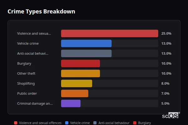 Crime Types Breakdown for Houghton on the Hill - showing Violence and sexual offences (25%), Vehicle crime (13%), Anti-social behaviour (13%)