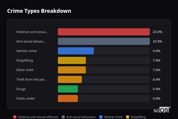 Crime Types Breakdown for Haringey - showing Violence and sexual offences (23%), Anti-social behaviour (23%), Vehicle crime (9%)