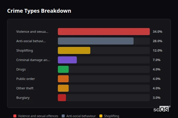 Crime Types Breakdown for Ripon - showing Violence and sexual offences (34%), Anti-social behaviour (28%), Shoplifting (12%)