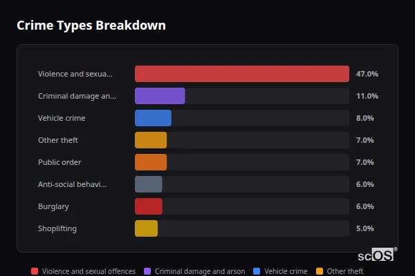 Crime Types Breakdown - Odiham Crime Types Breakdown for Odiham - showing Violence and sexual offences (47%), Criminal damage and arson (11%), Vehicle crime (8%)