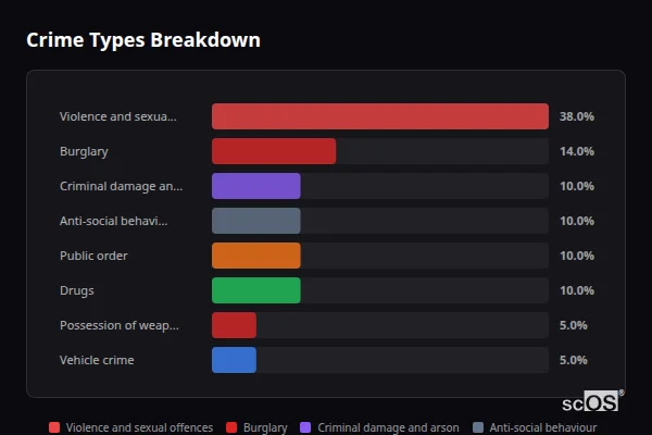Crime Types Breakdown - South Warnborough Crime Types Breakdown for South Warnborough - showing Violence and sexual offences (38%), Burglary (14%), Criminal damage and arson (10%)