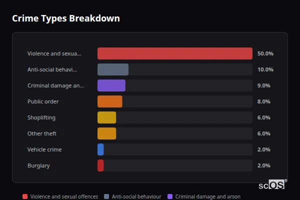 Crime Types Breakdown for South Hayling - showing Violence and sexual offences (50%), Anti-social behaviour (10%), Criminal damage and arson (9%)