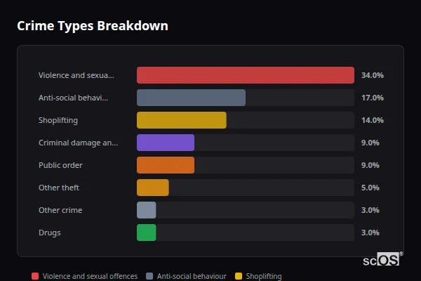 Crime Types Breakdown for Ross-on-Wye - showing Violence and sexual offences (34%), Anti-social behaviour (17%), Shoplifting (14%)