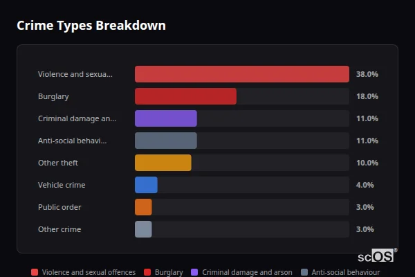 Crime Types Breakdown for Withington and White Stone - showing Violence and sexual offences (38%), Burglary (18%), Criminal damage and arson (11%)