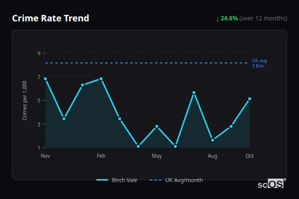 Crime Rate Trend for Birch Vale - showing 24.6% decrease over 12 months