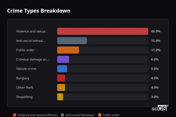 Crime Types Breakdown for New Mills - showing Violence and sexual offences (46%), Anti-social behaviour (15%), Public order (11%)