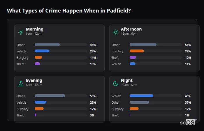 What Types of Crime Happen When in Padfield? Crime types by time period for Padfield - showing breakdown of burglary, violence, theft, and vehicle crime by morning, afternoon, evening, and night