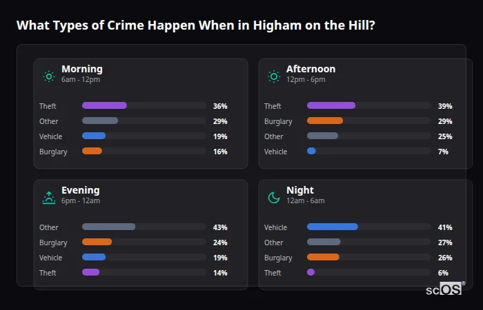 What Types of Crime Happen When in Higham on the Hill? Crime types by time period for Higham on the Hill - showing breakdown of burglary, violence, theft, and vehicle crime by morning, afternoon, evening, and night