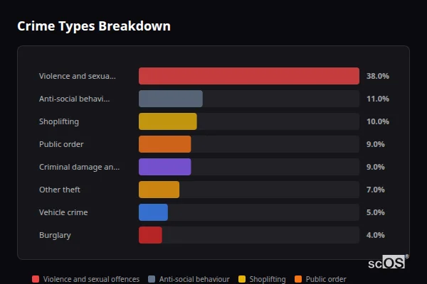 Crime Types Breakdown for Hinckley - showing Violence and sexual offences (38%), Anti-social behaviour (11%), Shoplifting (10%)