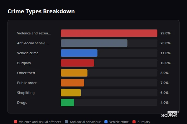 Crime Types Breakdown - Market Bosworth Crime Types Breakdown for Market Bosworth - showing Violence and sexual offences (29%), Anti-social behaviour (20%), Vehicle crime (11%)