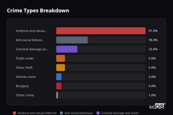 Crime Types Breakdown - Stoke Golding Crime Types Breakdown for Stoke Golding - showing Violence and sexual offences (51%), Anti-social behaviour (18%), Criminal damage and arson (12%)