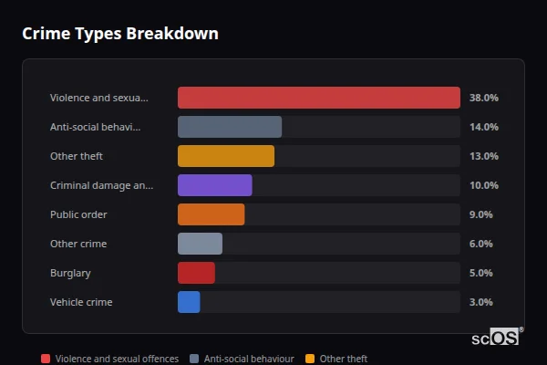 Crime Types Breakdown - Barns Green Crime Types Breakdown for Barns Green - showing Violence and sexual offences (38%), Anti-social behaviour (14%), Other theft (13%)