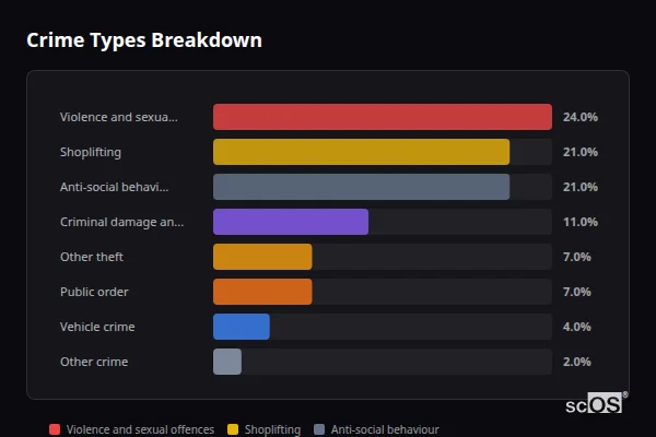 Crime Types Breakdown for Broadbridge Heath - showing Violence and sexual offences (24%), Shoplifting (21%), Anti-social behaviour (21%)