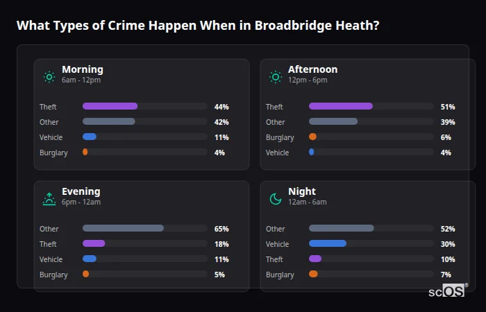 Crime types by time period for Broadbridge Heath - showing breakdown of burglary, violence, theft, and vehicle crime by morning, afternoon, evening, and night