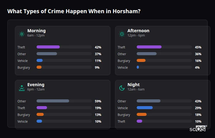 Crime types by time period for Horsham - showing breakdown of burglary, violence, theft, and vehicle crime by morning, afternoon, evening, and night