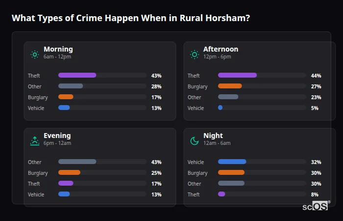 What Types of Crime Happen When in Rural Horsham? Crime types by time period for Rural Horsham - showing breakdown of burglary, violence, theft, and vehicle crime by morning, afternoon, evening, and night
