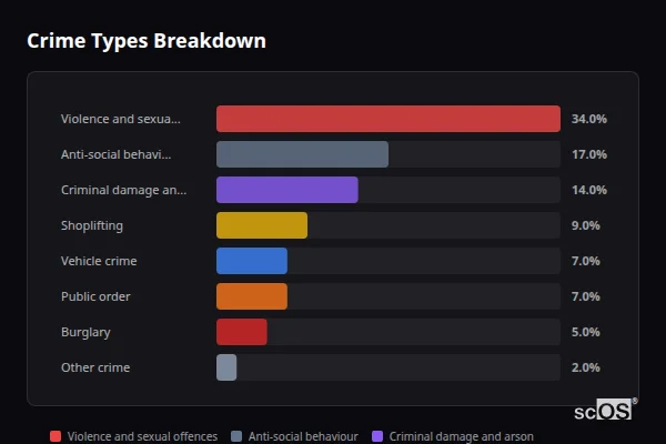 Crime Types Breakdown for Storrington - showing Violence and sexual offences (34%), Anti-social behaviour (17%), Criminal damage and arson (14%)