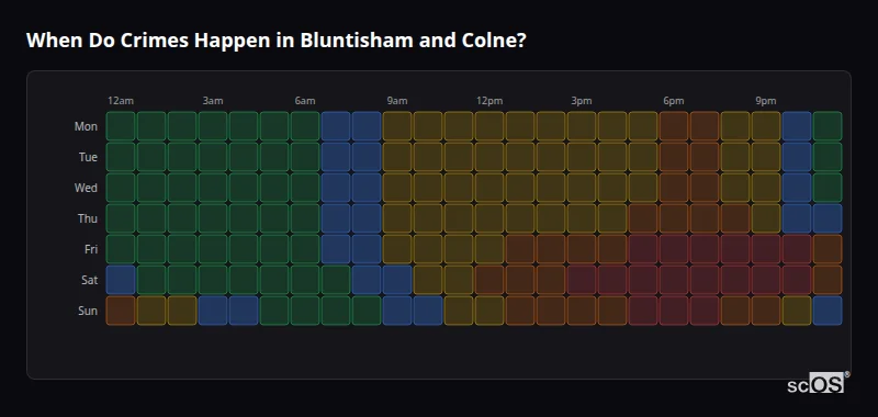 Crime time heatmap for Bluntisham and Colne - showing when crimes are most likely to occur by day and hour