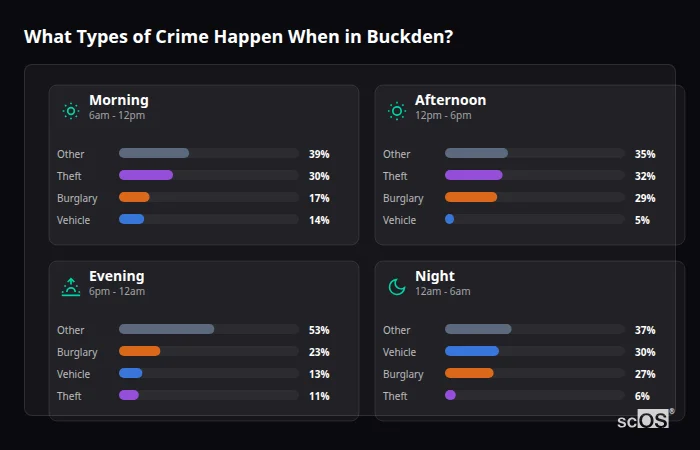 What Types of Crime Happen When in Buckden? Crime types by time period for Buckden - showing breakdown of burglary, violence, theft, and vehicle crime by morning, afternoon, evening, and night