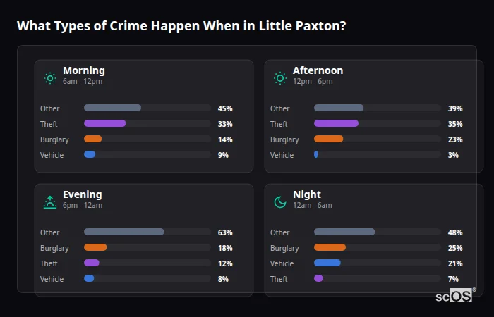 Crime types by time period for Little Paxton - showing breakdown of burglary, violence, theft, and vehicle crime by morning, afternoon, evening, and night