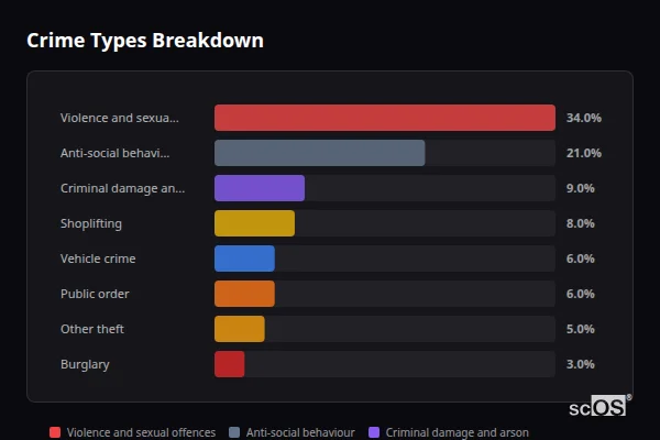 Crime Types Breakdown - St Neots Crime Types Breakdown for St Neots - showing Violence and sexual offences (34%), Anti-social behaviour (21%), Criminal damage and arson (9%)