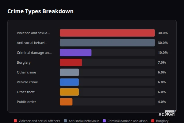Crime Types Breakdown - Stilton Crime Types Breakdown for Stilton - showing Violence and sexual offences (30%), Anti-social behaviour (30%), Criminal damage and arson (10%)